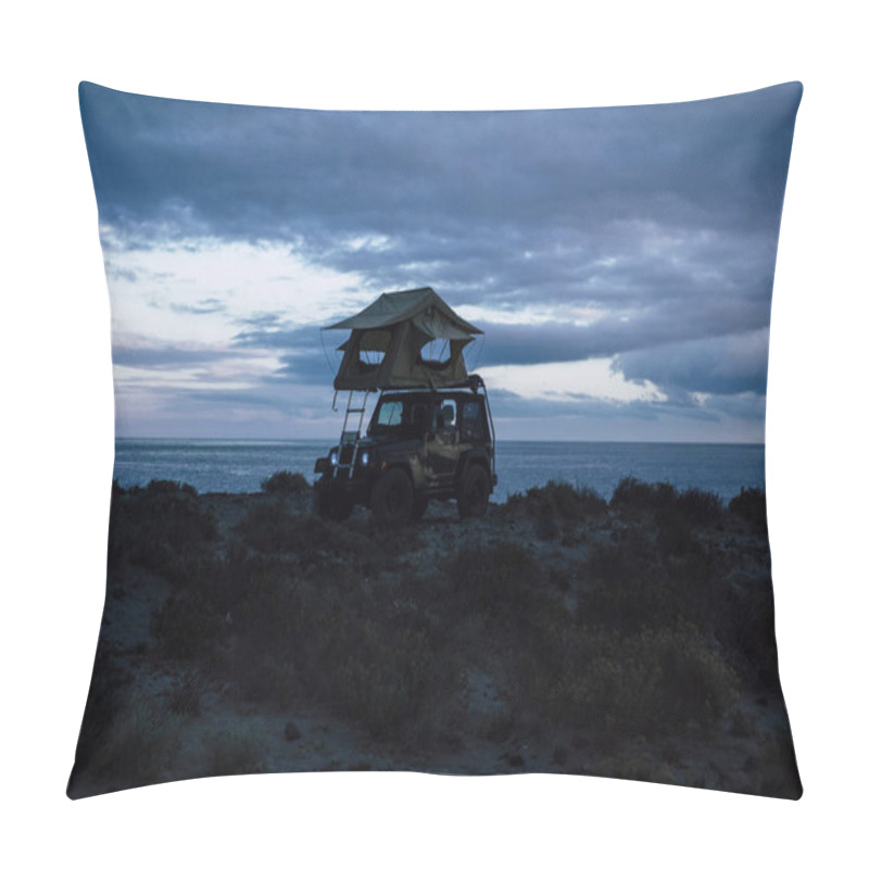 Personality  black off road beautiful adventurer car vehicle with roof tent tiny house perfect to travel and live amazing journey around the world. home where you park. ocean view pillow covers