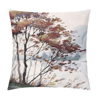 Personality  Watercolour Paint Cloudy Haze Rocky Sea Bay Scene Paper Backdrop Text Space. Hand Drawn Dark Red Color Mist Sky Canyon Valley Cascade Creek. Outdoor Wild Bush Plant Country View Sketch Graphic Artwork Pillow Covers