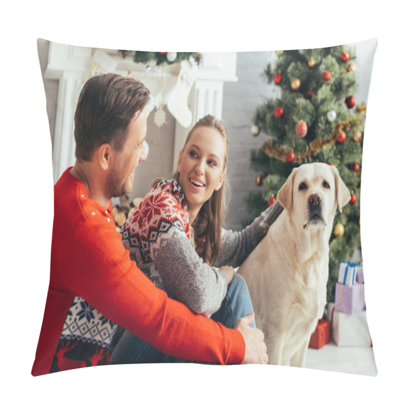 Personality  happy couple cuddling dog near christmas tree at home pillow covers