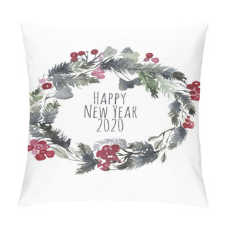 Personality  Realistic Wreath With Gold Ribbon And Red Berries On Evergreen Branches Hand Drawn Wreath With Red Berries And Fir Branches. Round Frame For Christmas Cards And Winter Design. Pillow Covers