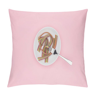 Personality  Top View Of Flat Colored Jelly Candies With Sugar And Fork On Plate Isolated On Pink Pillow Covers