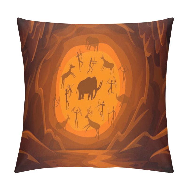 Personality  Cave with cave drawings. Cartoon mountain scene background Primitive cave paintings. ancient petroglyphs. pillow covers