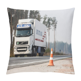 Personality  LVIV, UKRAINE - OCTOBER 23, 2019: Selective Focus Of Truck With Cyrillic Lettering Moving On Highway  Pillow Covers
