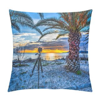 Personality  Dslr Camera On A Tripod By The Sea  Pillow Covers