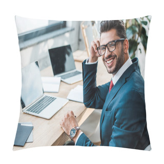 Personality  Selective Focus Of Cheerful Man In Glasses Looking At Camera Near Laptops With Blank Screens  Pillow Covers