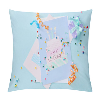 Personality  Top View Of Colorful Confetti Near Birthday Greeting Cards On Blue Background Pillow Covers
