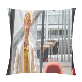 Personality  Smiling Red Haired Employee In Smart Outfit Looking At Camera With Glass Backdrop, Coworking, Banner Pillow Covers