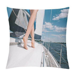 Personality  Cropped Image Of Legs Of Young Woman Walking On Yacht  Pillow Covers
