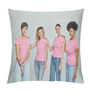 Personality  Multiracial Women Different Age Standing On Grey Backdrop, Support, Breast Cancer Awareness Pillow Covers