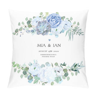 Personality  Dusty Blue Rose, Echeveria Succulent, White Hydrangea, Ranunculus, Anemone Pillow Covers
