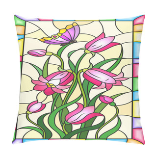 Personality  Illustration In Stained Glass Style With Leaves And Bells Flowers, Pink Flowers And Butterfly On Yellow  Background In A Bright Frame  Pillow Covers
