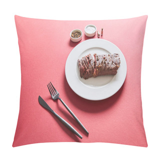 Personality  Tasty Grilled Steak Served On Plate With Cutlery And Salt And Pepper In Bowls On Red Background Pillow Covers