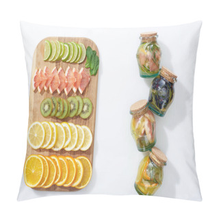 Personality  Top View Of Detox Drinks In Jars Near Fruit Slices On Wooden Chopping Board Pillow Covers