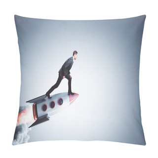 Personality  Businessman On Creative Launching Rocket. Startup And Career Concept. 3D Rendering  Pillow Covers
