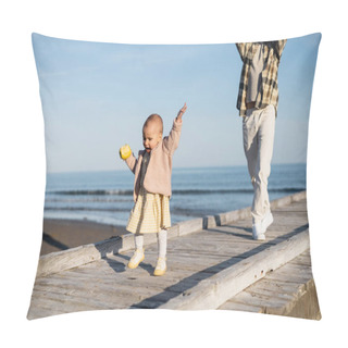 Personality  Toddler Girl Holding Apple While Walking On Pier Near Father In Italy  Pillow Covers