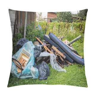 Personality  Garbage And A Pile Of Construction Debris In The Yard Of A House. Pillow Covers