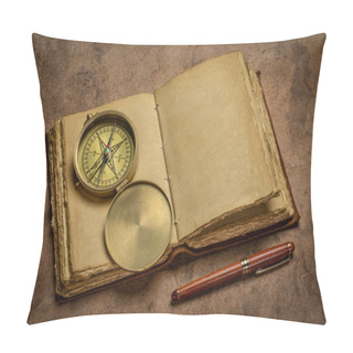 Personality  Antique Leather-bound Journal With Decked Edge Handmade Paper Pages  On A Rustic Wooden Table With A Stylish Pen And Vintage Brass Compass, Journaling Concept Pillow Covers