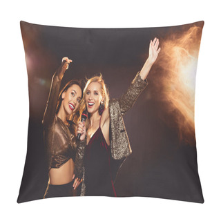 Personality  Beautiful Happy Girls Dancing And Singing With Microphone In Karaoke Pillow Covers