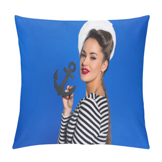 Personality  Portrait Of Fashionable Young Woman In Retro Clothing With Anchor In Hand Isolated On Blue Pillow Covers