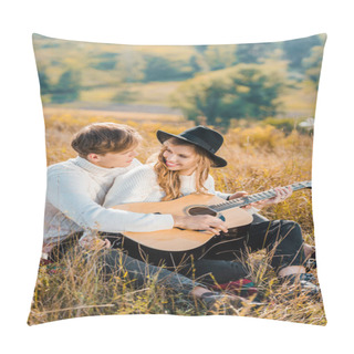 Personality  Smiling Couple Playing Guitar And Resting On Meadow Pillow Covers