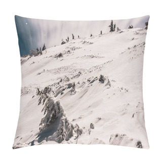 Personality  Scenic View Of Snowy Mountain With Pine Trees And White Fluffy Clouds In Dark Sky In Evening Pillow Covers