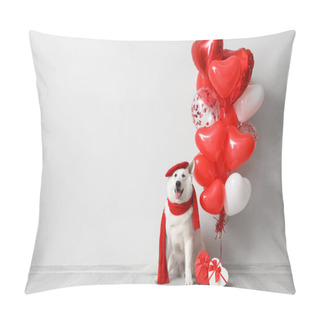 Personality  White Dog With Beret, Scarf And Balloons Sitting Near Light Wall. Valentine's Day Celebration Pillow Covers