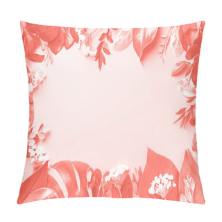 Personality  Creative Layout Made Of Tropical Leaves In Trendy Living Coral Color. Flat Lay. Top View. Mock Up Pillow Covers