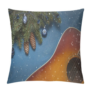 Personality  Acoustic Guitar And Christmas Tree Branches With Blue Dekorative Balls On Blue Background With Glitter Pillow Covers