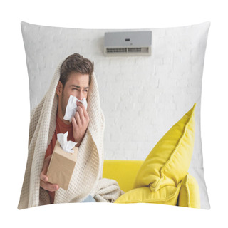 Personality  Sick Man With Paper Napkins Warming Under Blanket While Sitting Under Air Conditioner At Home Pillow Covers