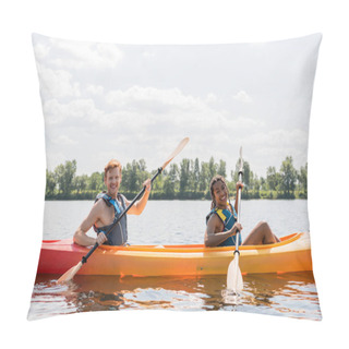 Personality  Pretty African American Woman And Young Redhead Man In Life Vests Smiling At Camera While Spending Summer Weekend On River And Sailing In Kayak With Paddles Under Blue Cloudy Sky Pillow Covers