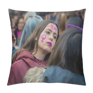 Personality   Closed Up To A Young Woman With Violet Lipstick And Female Symbol Painted In Her Cheeks Protesting During 8M Marches In The International Women's Day Pillow Covers