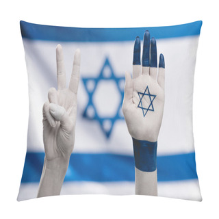 Personality  Cropped View Of Female Hands With Star Of David Showing Peace Sign Near Flag Pillow Covers