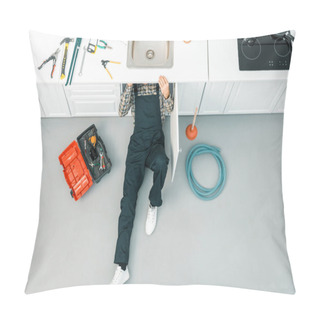 Personality  High Angle View Of Plumber Lying On Floor And Checking Sink In Kitchen Pillow Covers