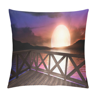 Personality  Night Seascape, Fantasy Island With Lanterns And A Wooden Pier By The Sea. Evening Shore, Beach Party. Neon Blue Sunset, Reflection Of Neon In The Water. 3D Illustration.  Pillow Covers