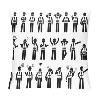 Personality  Industrial Workers Feelings, Emotions, And Actions Icons Set. Vector Illustrations Of Construction Worker With Hard Hat And Safety Vest. Pillow Covers