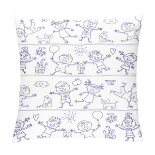 Personality  Happy Kid Cartoon Doodle. Drawing Like Children Pillow Covers
