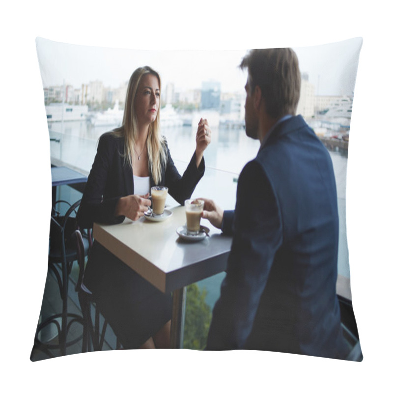 Personality  Business partners sitting in cafe terrace pillow covers