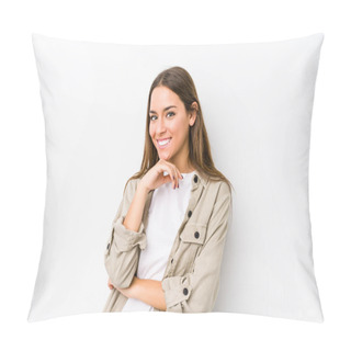 Personality  Young Caucasian Woman  Isolated Smiling Happy And Confident, Touching Chin With Hand. Pillow Covers