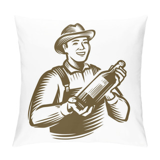 Personality  Farmer With A Bottle In His Hands. Sketch Vintage Vector Pillow Covers
