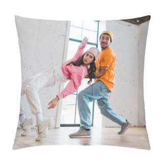 Personality  Interracial Couple In Hats Breakdancing In Dance Studio  Pillow Covers