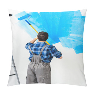 Personality  Rear View Of Man Painting Wall With Blue Paint Pillow Covers