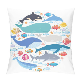 Personality  Marine Mammals And Fishes Set In Circle. Narwhal, Blue Whale, Dolphin, Beluga Whale, Humpback Whale, Bowhead And Sperm Whale Vector Isolated Pillow Covers