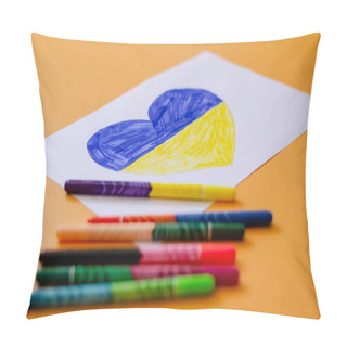 Personality  Blurred Felt Pens Near Paper With Drawn Ukrainian Flag In Heart On Yellow  Pillow Covers