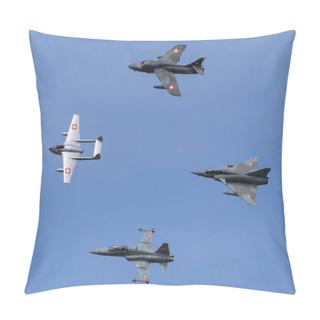 Personality  Payerne, Switzerland - August 30, 2014: Formation Of Former Swiss Air Force Jet Aircraft Comprised Of A De Havilland Vampire, Hawker Hunter, Northrop F-5 And Dassault Mirage. Pillow Covers