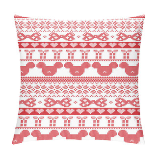 Personality  Seamless Merry Christmas Scandinavian Fabric Style, Inspired By Norwegian Christmas, Festive Winter Pattern In Cross Stitch With Mouse, Bow, Gift, Star, Snowflake,  Heart, Decorative Ornaments In Whit Pillow Covers