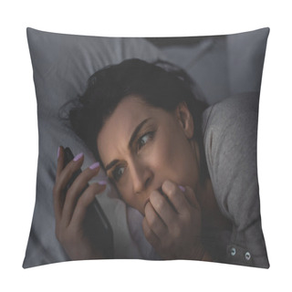 Personality  Scared Woman With Insomnia Using Smartphone In Bedroom  Pillow Covers