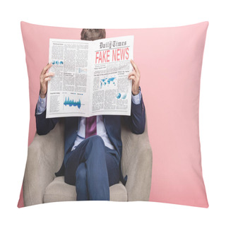 Personality  Businessman Sitting In Armchair And Reading Newspaper With Fake News On Pink Background Pillow Covers
