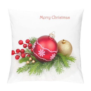 Personality  Red And Gold Christmas Balls On Branches Of A Christmas Tree On A White Background. A Christmas Background With A Place For The Text. Pillow Covers