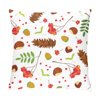 Personality  Forest Seamless Pattern Of Acorns, Chestnuts, Maple Seeds, Rowan Berry Bunch With Leaves, Sugar Pine Cone On White Background. Vector Illustration For Design. Pillow Covers