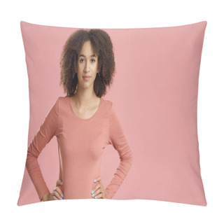 Personality  Serious Facial Expression, Beautiful Curly Haired Model Pillow Covers
